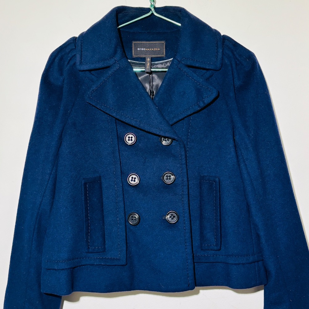 BCBG MAX AZRIA Navy Blue Double-Breasted Wool Pea Coat | Sz M